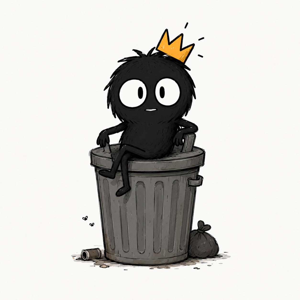 MORK sitting proudly on his trash-can throne