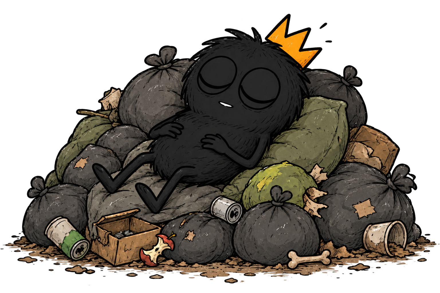 MORK sleeping on a pile of trash